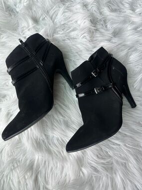 Black Heeled Ankle Booties with Decorative Straps